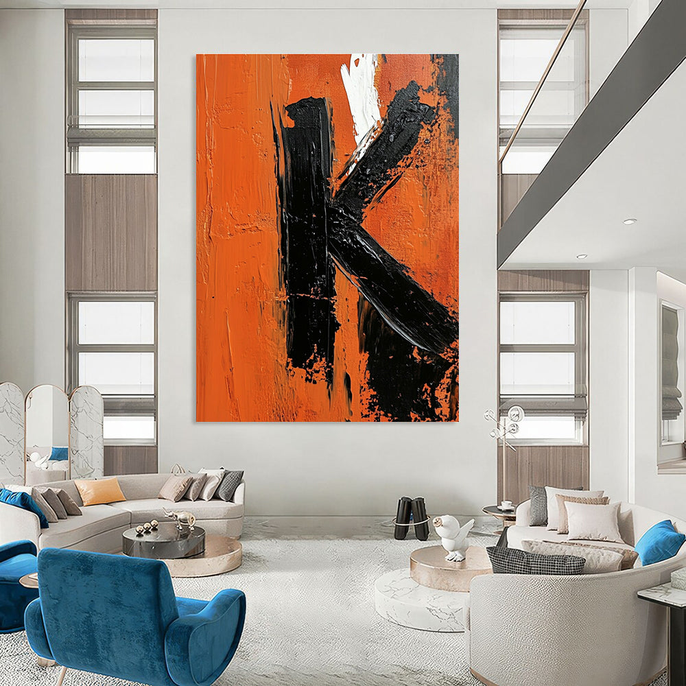 Bold Black and Orange Letter K Abstract Painting for Industrial - Style Spaces GAB1366