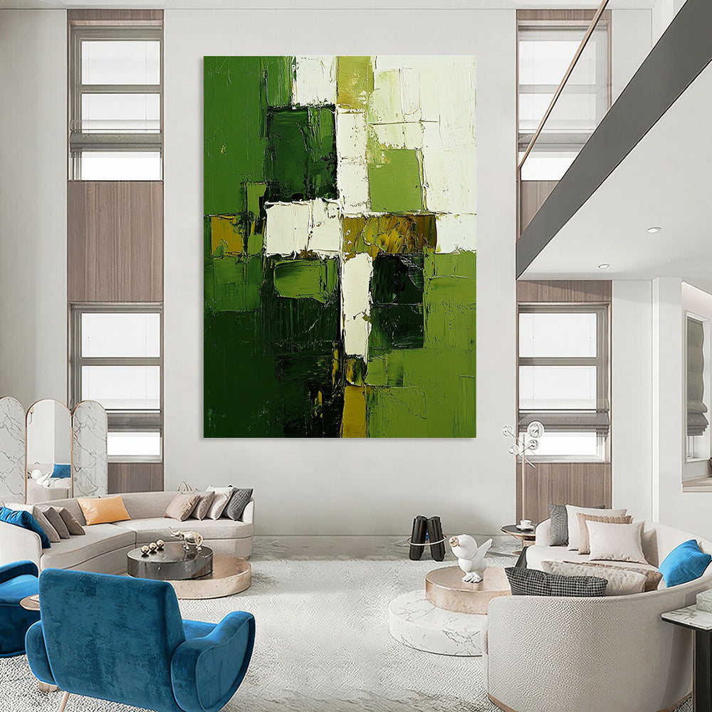 Green White Geometry Abstract Painting for Contemporary Galleries GAB0769