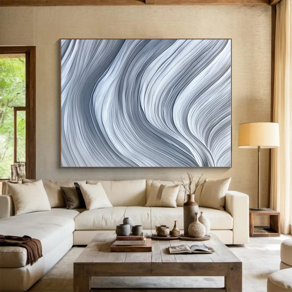 Gray and White Waves Abstract Painting with Monochromatic Flow WINK075