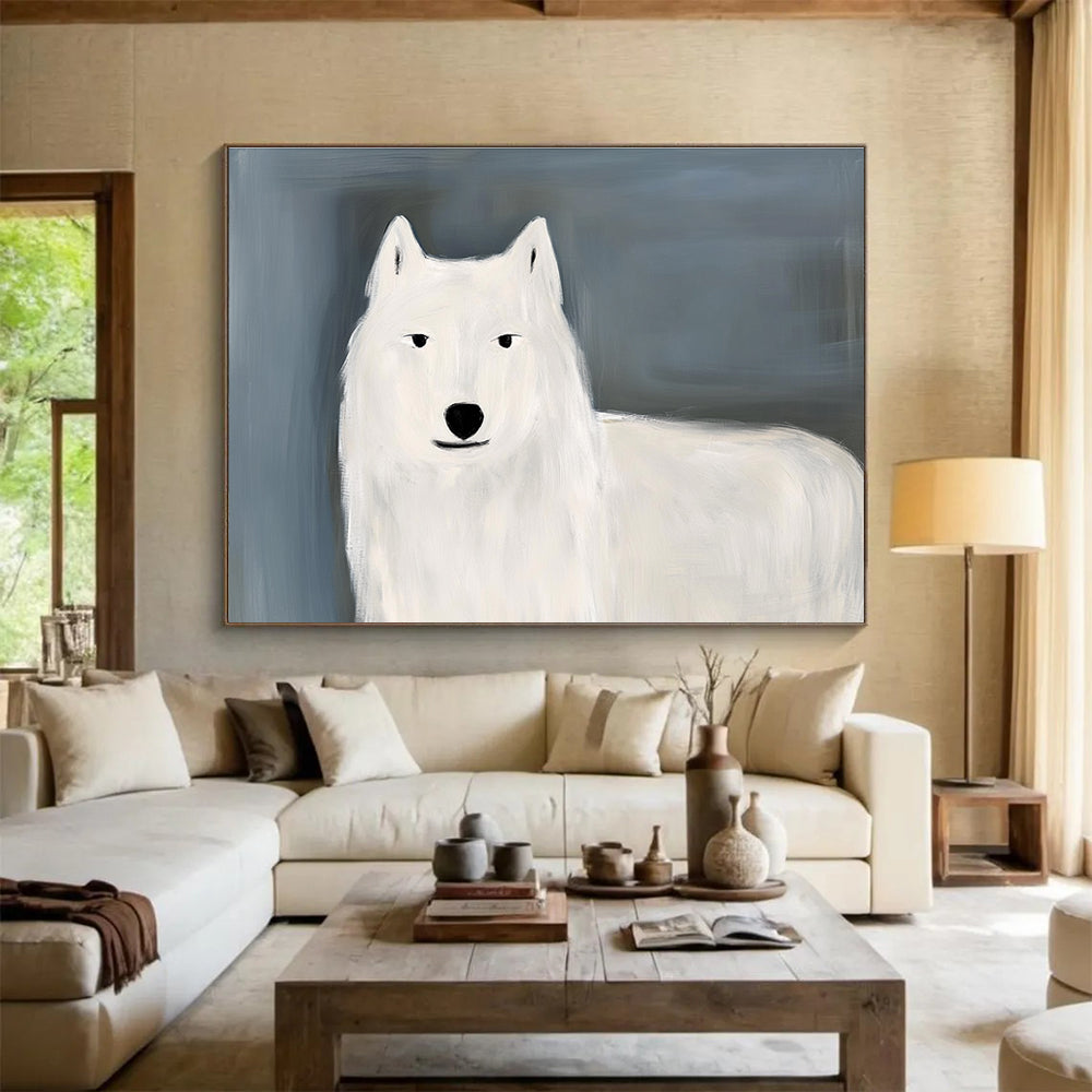Minimalist White Wolf: Gentle Presence in Simple Shapes Abstract Painting ABS163