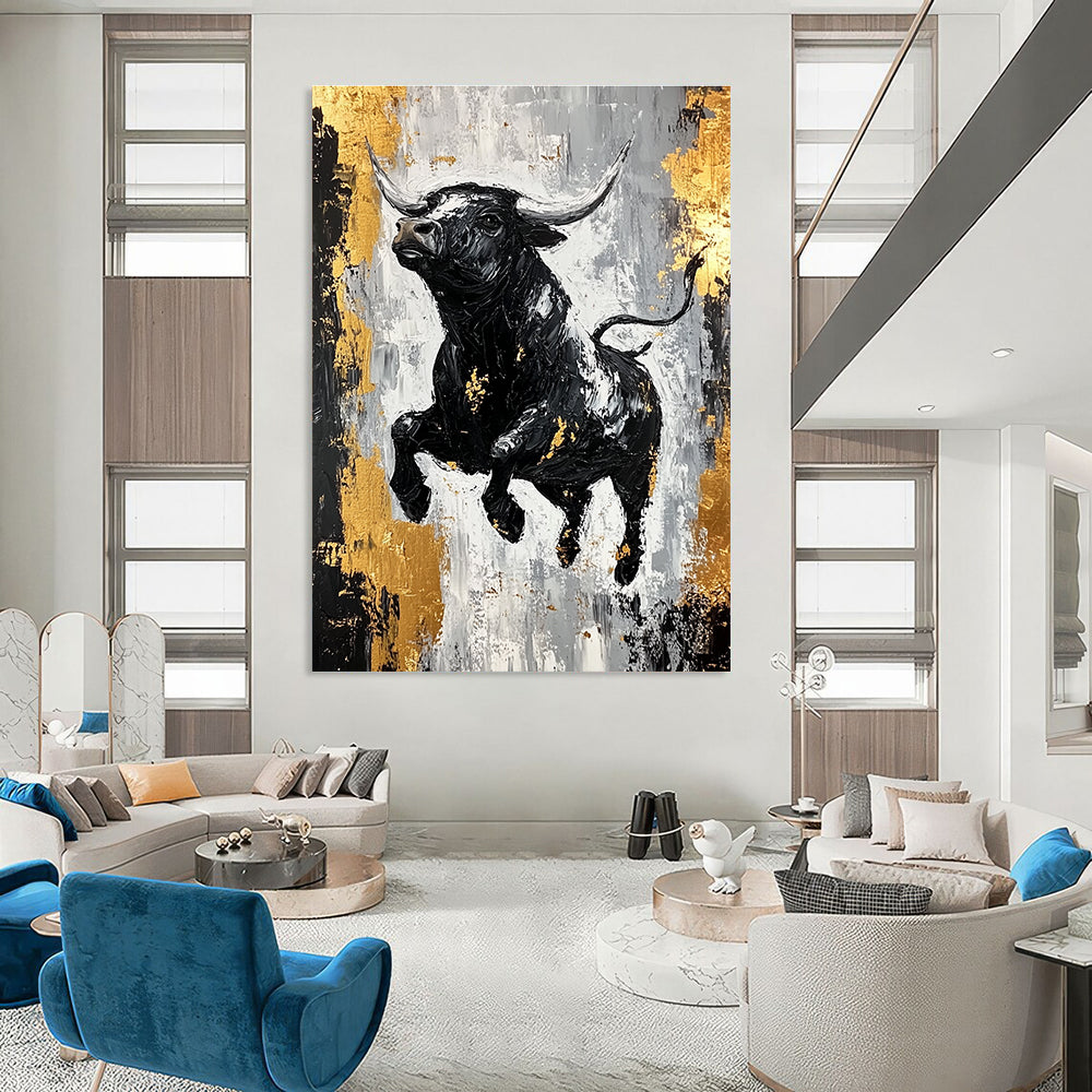 Dynamic Black Bull with Gold Accents Abstract Painting GAB0032