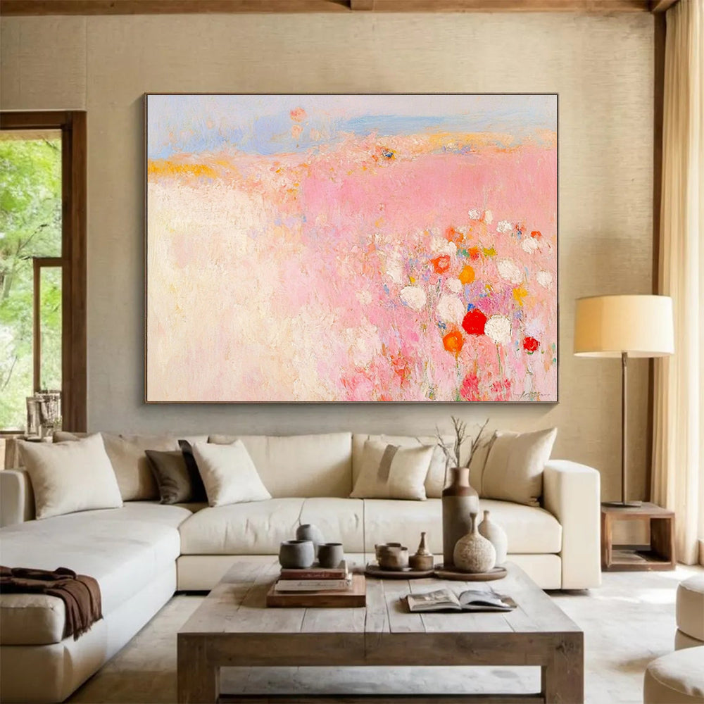 Pink Field Abstract Painting with Soft, Romantic Blossoms ABS508