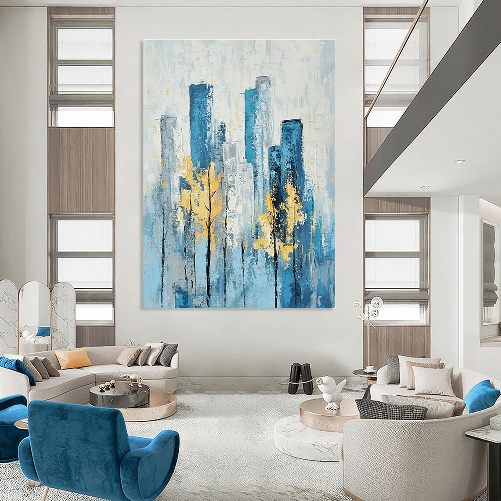 Blue Cityscape with Yellow Trees Serene Abstract Painting for Urban Homes GAB1402