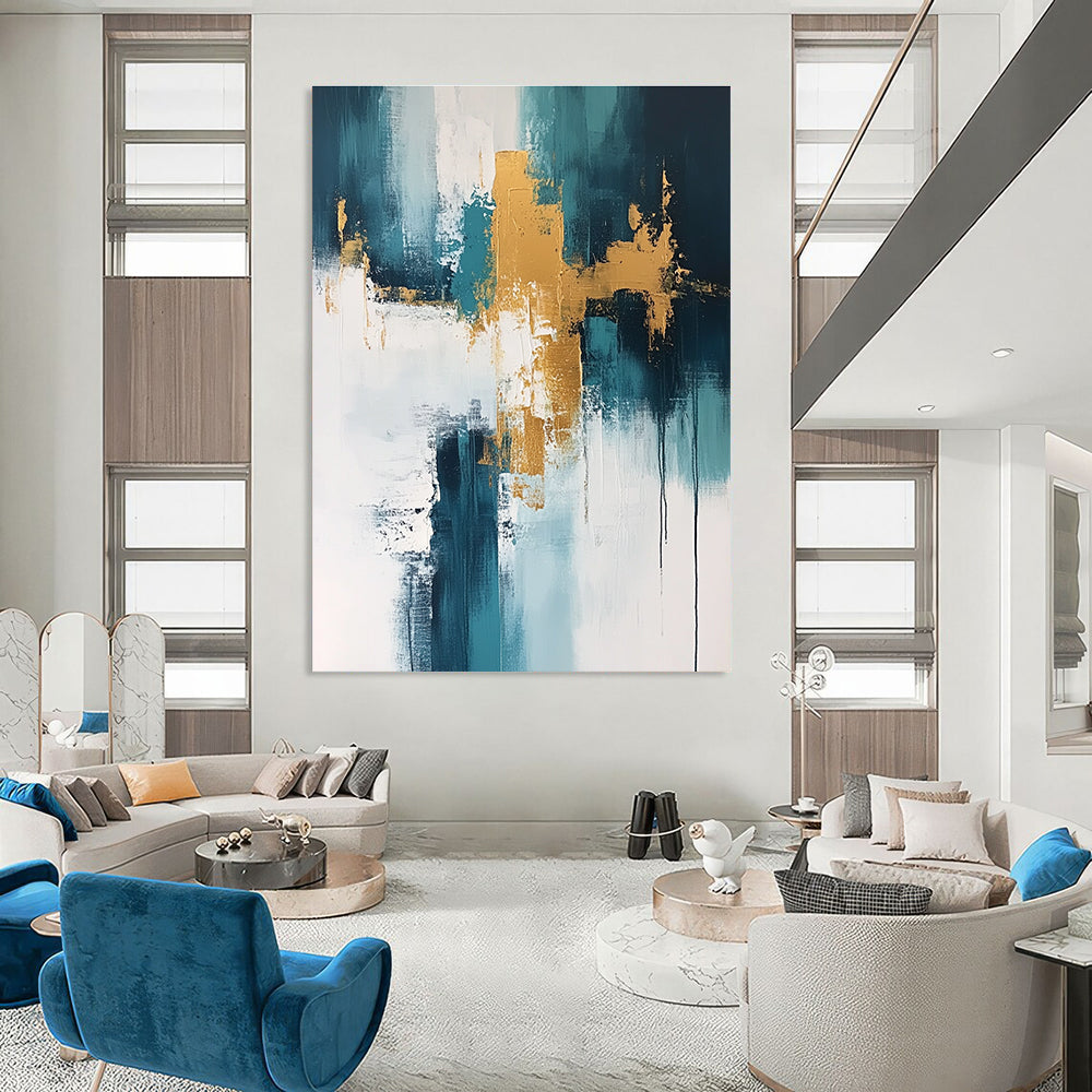 Teal and Gold Abstract Painting for Modern Beachfront Residences GAB0895