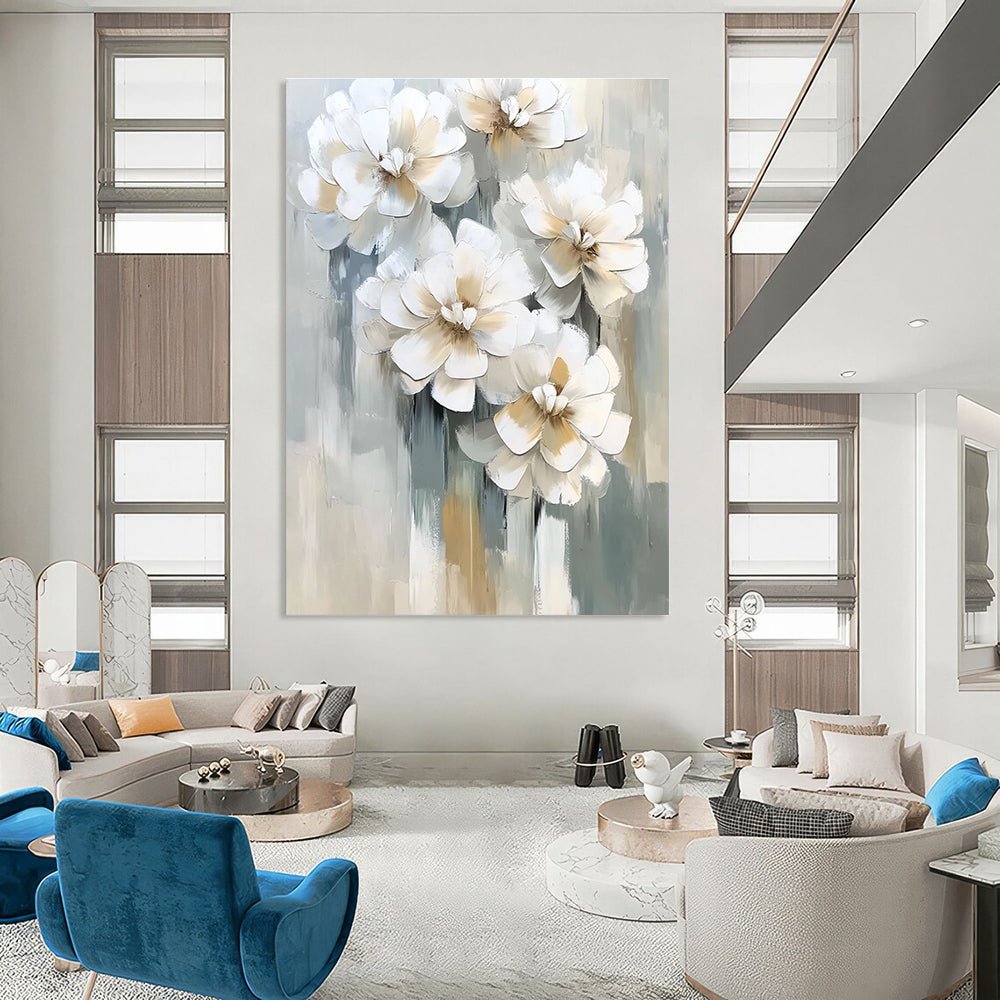 3D White Flowers Contemporary Abstract Painting for Elegant Spaces GAB1523