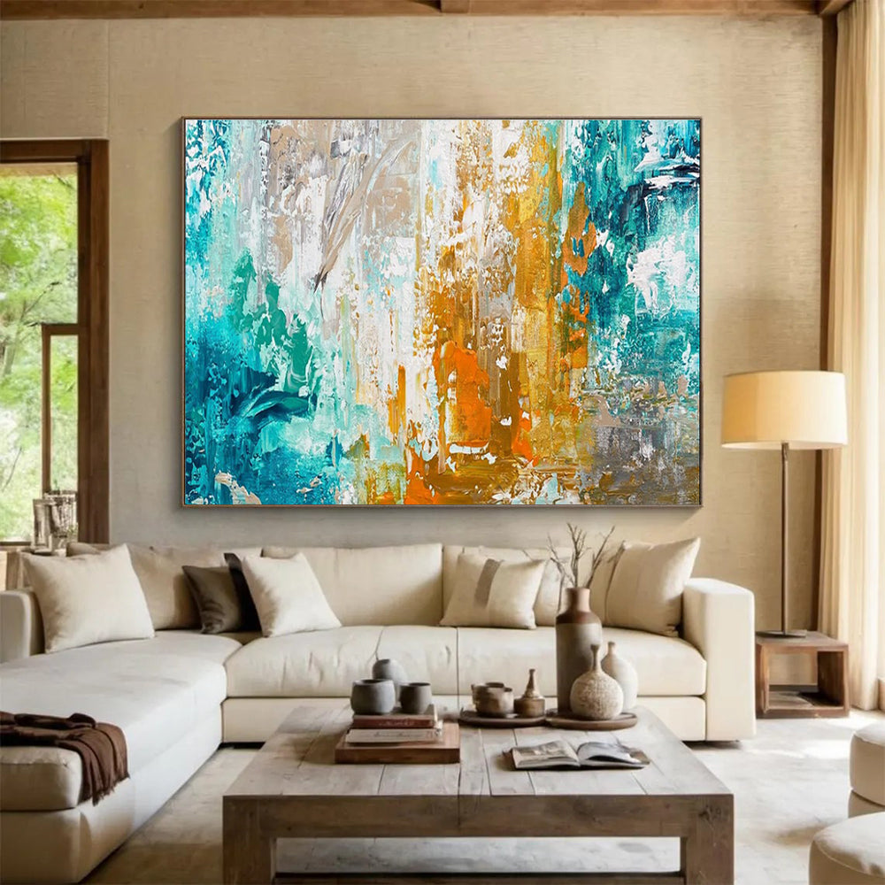 Teal - Gold - Orange Abstract Painting for Coastal Art Galleries YHT382
