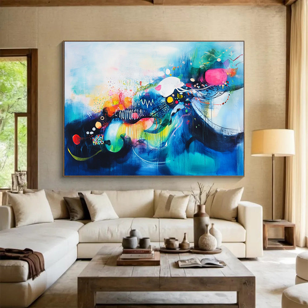 Blue - themed Colorful Abstract with Whimsical Elements Abstract Painting ABS383