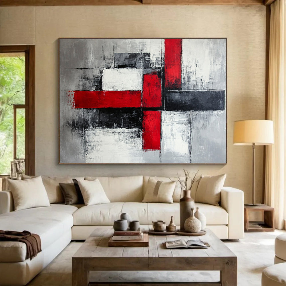 Red, Black and Gray Geometric Abstract Painting with Bold Contrasts ABS397