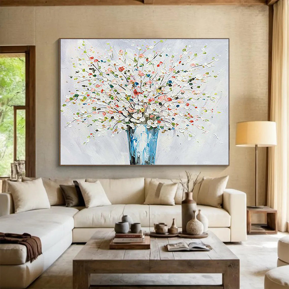 White Flower Vase Abstract Painting for Elegant Living Spaces YHT220
