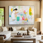 Woman at Work in Colorful Kitchen with Expressive Lines Abstract Painting ABS325