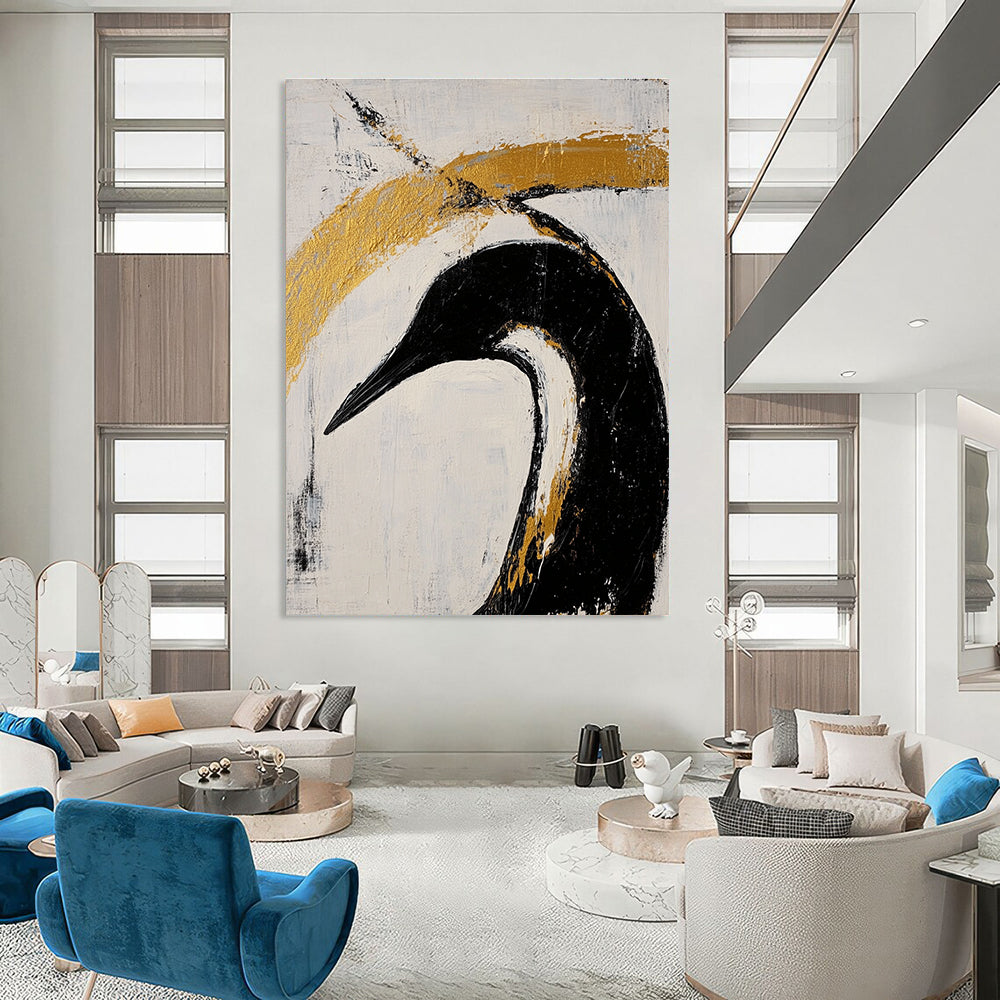 Black Bird with Gold Highlights - Edgy Figurative Abstract Art GAB0437