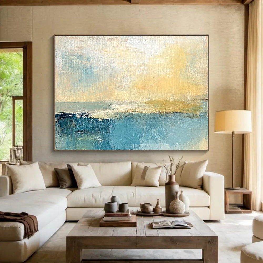 Soft Coastal Abstract Painting with Muted Blues and Yellows ABS245