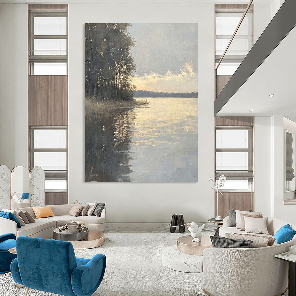Lakeside Sunset Abstract Painting for Rustic Cottage Living Rooms GAB1302
