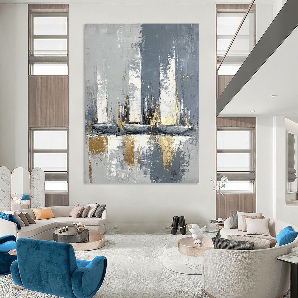 Grey and Gold Abstract Sails Minimalist Painting for Modern Interiors GAB1462