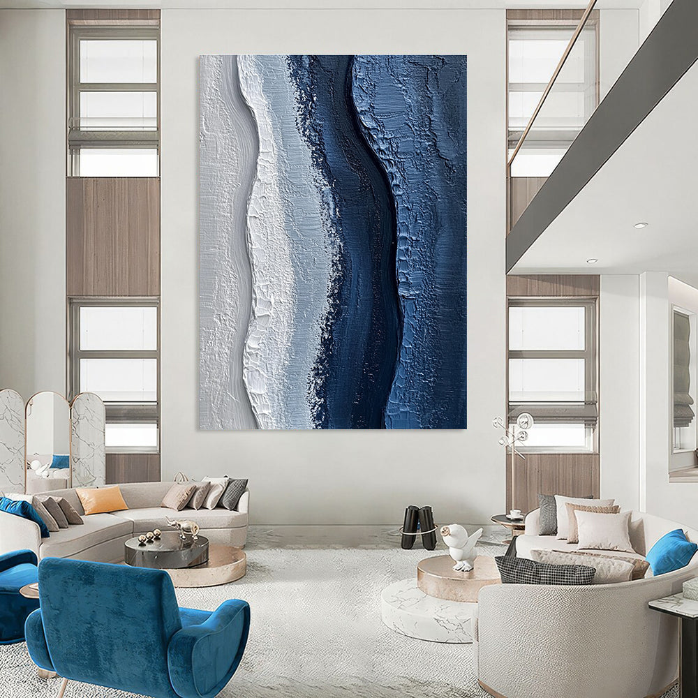 Blue and White Textured Waves Abstract Painting of Oceanic Calm GAB0093