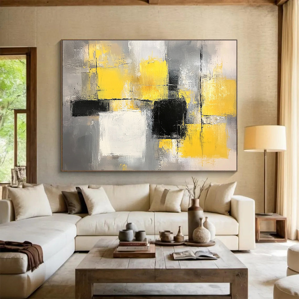 Yellow, Gray and Black Geometric Abstract Painting with Vibrant and Neutral Tones ABS400
