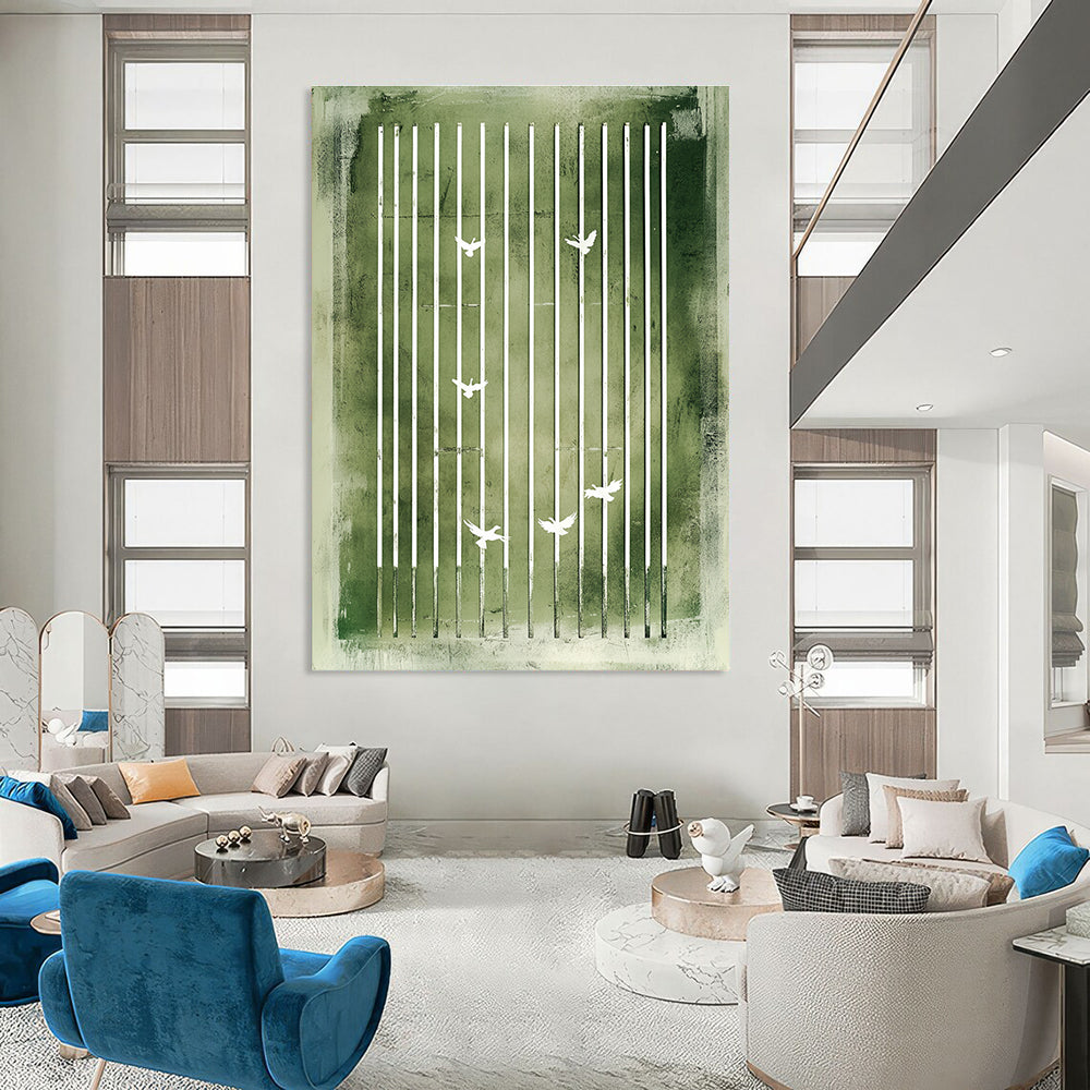 Green Bars and White Birds Symbolic Abstract Art GAB0377
