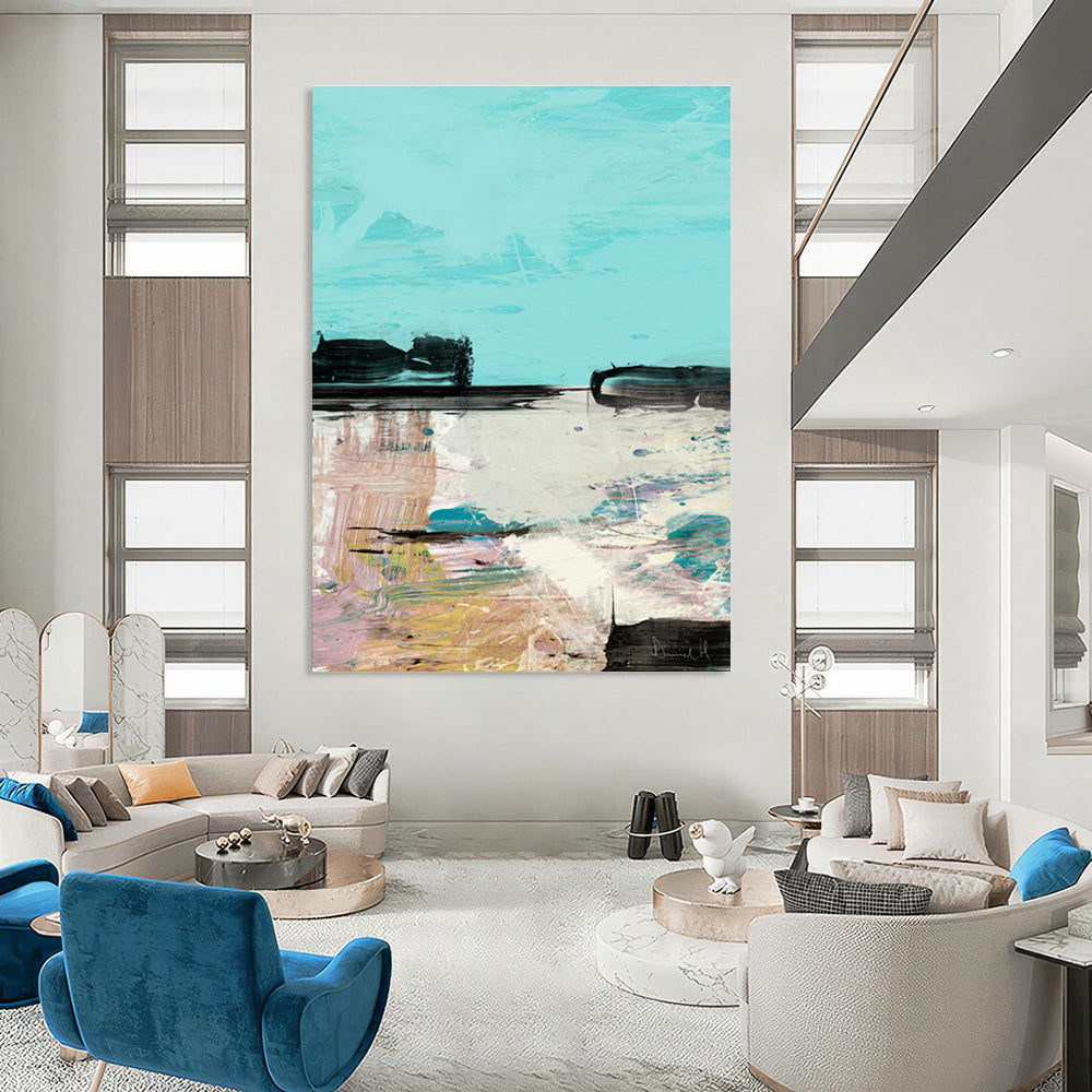 Turquoise - Toned Landscape Abstract Painting for Coastal - Inspired Cafés HENG197
