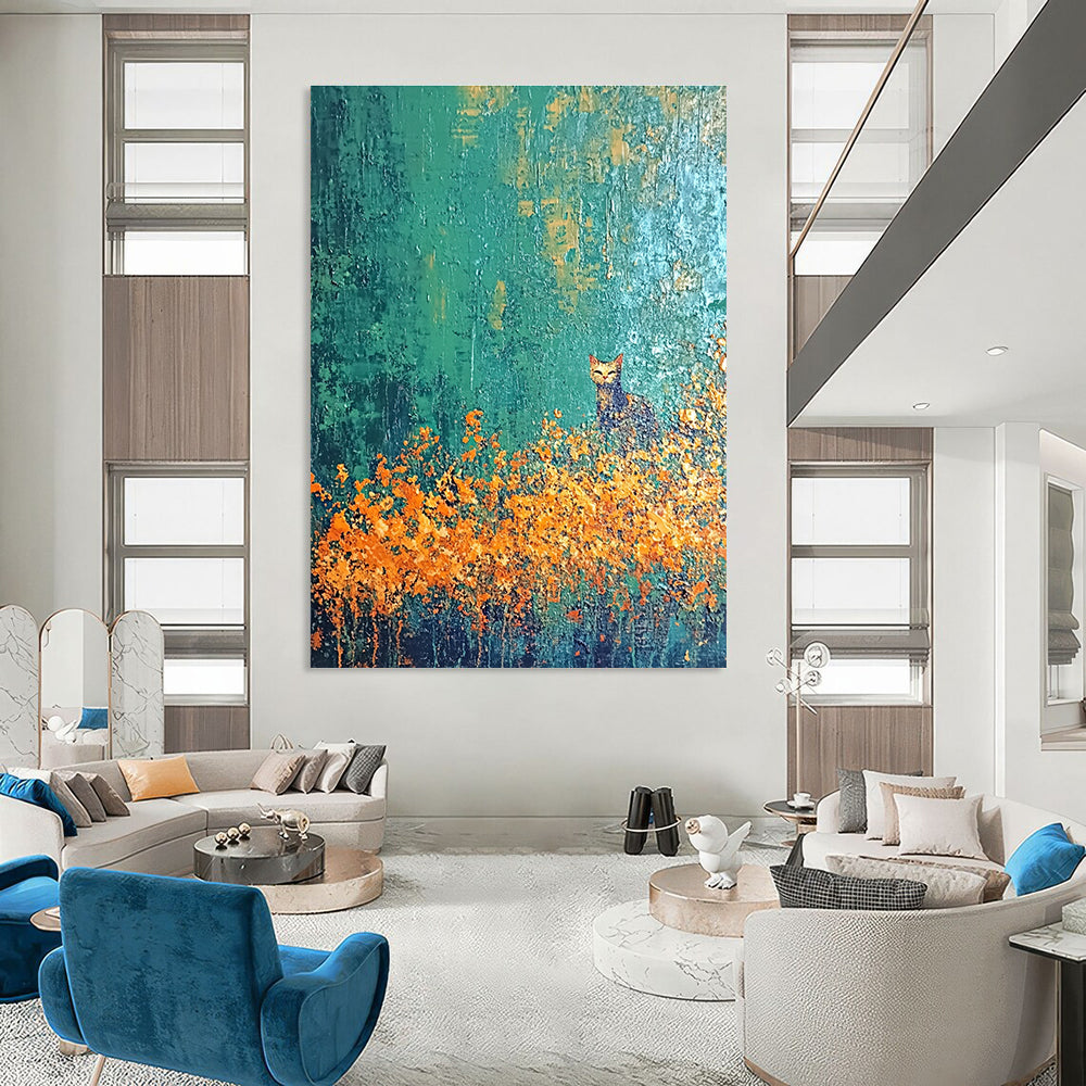 Cat in the Flower Field Enchanted Landscape Abstract Painting GAB0261