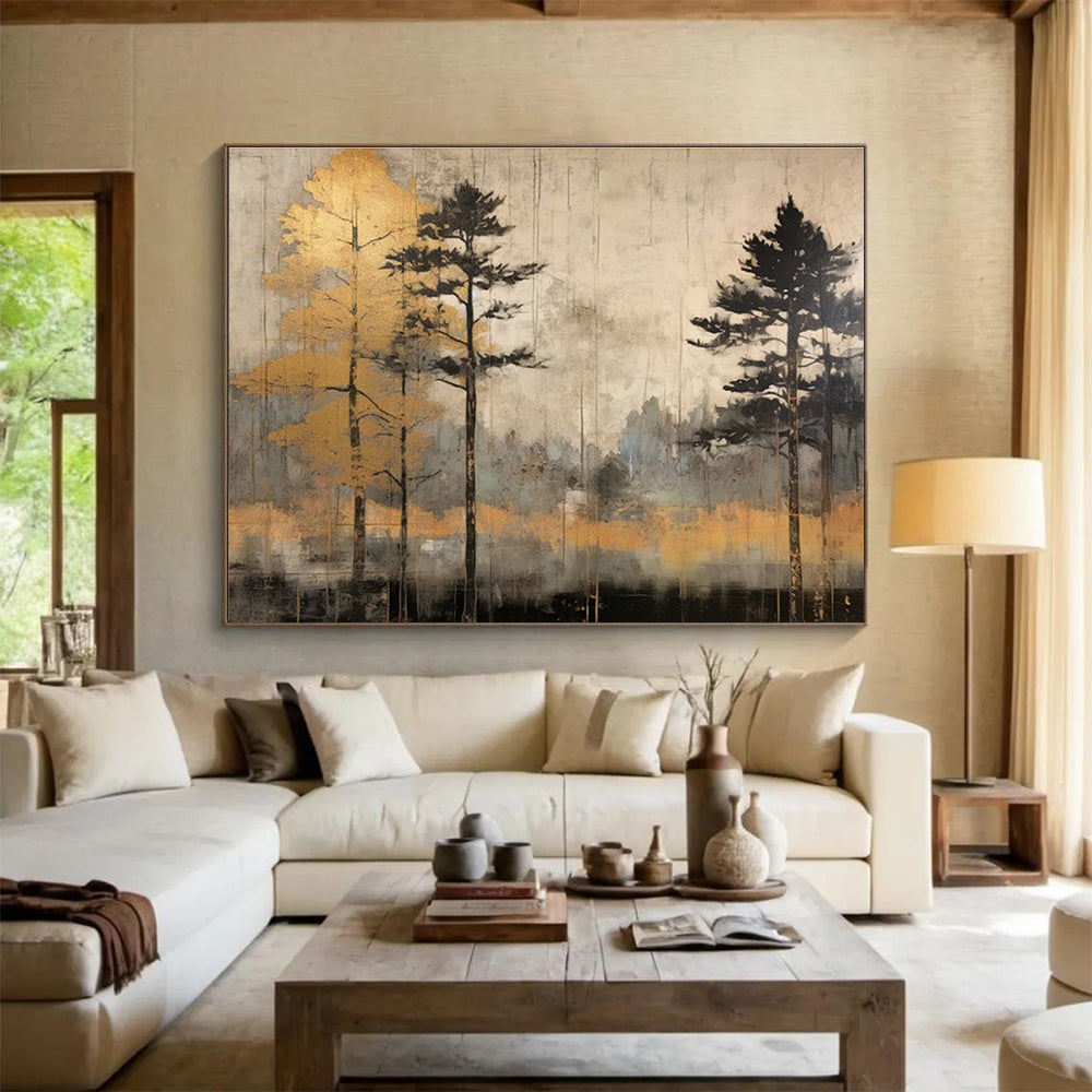 Forest with Gold Trees Abstract Painting for Nature - Inspired Retreats YHT105