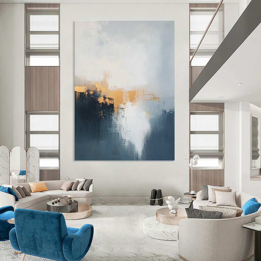 Blue and Gold Abstract Mist Painting for Coastal Hotel Lobbies GAB1189