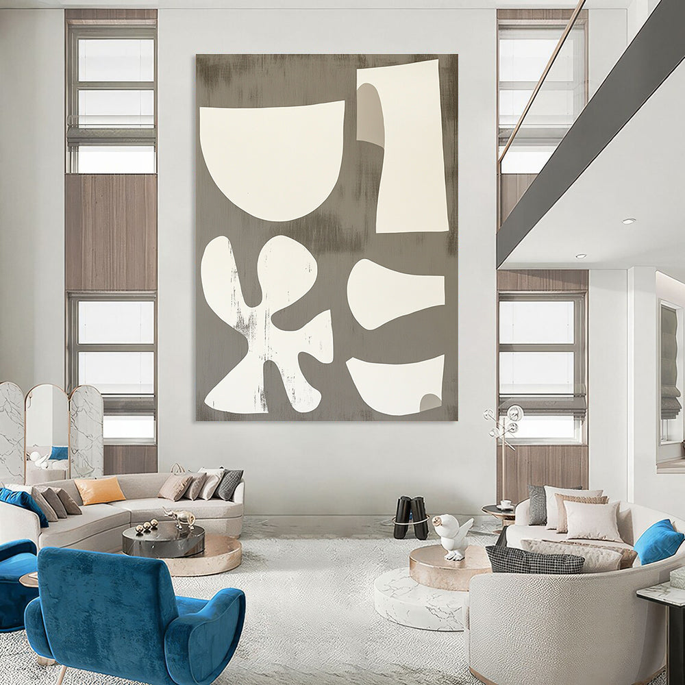 White Shapes on Gray Playful Abstract Painting for Creative Spaces GAB1539