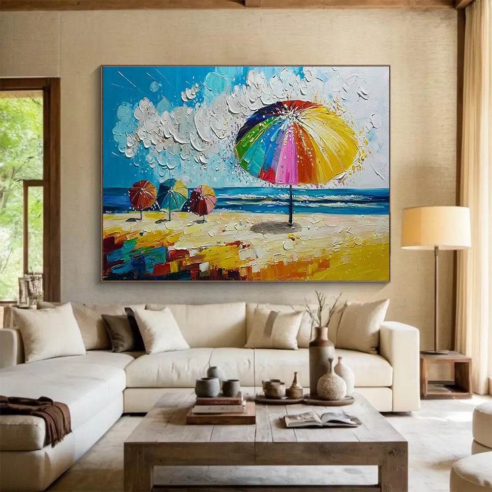 Beach Umbrellas Scene Abstract Painting for Coastal Home Decor YHT310