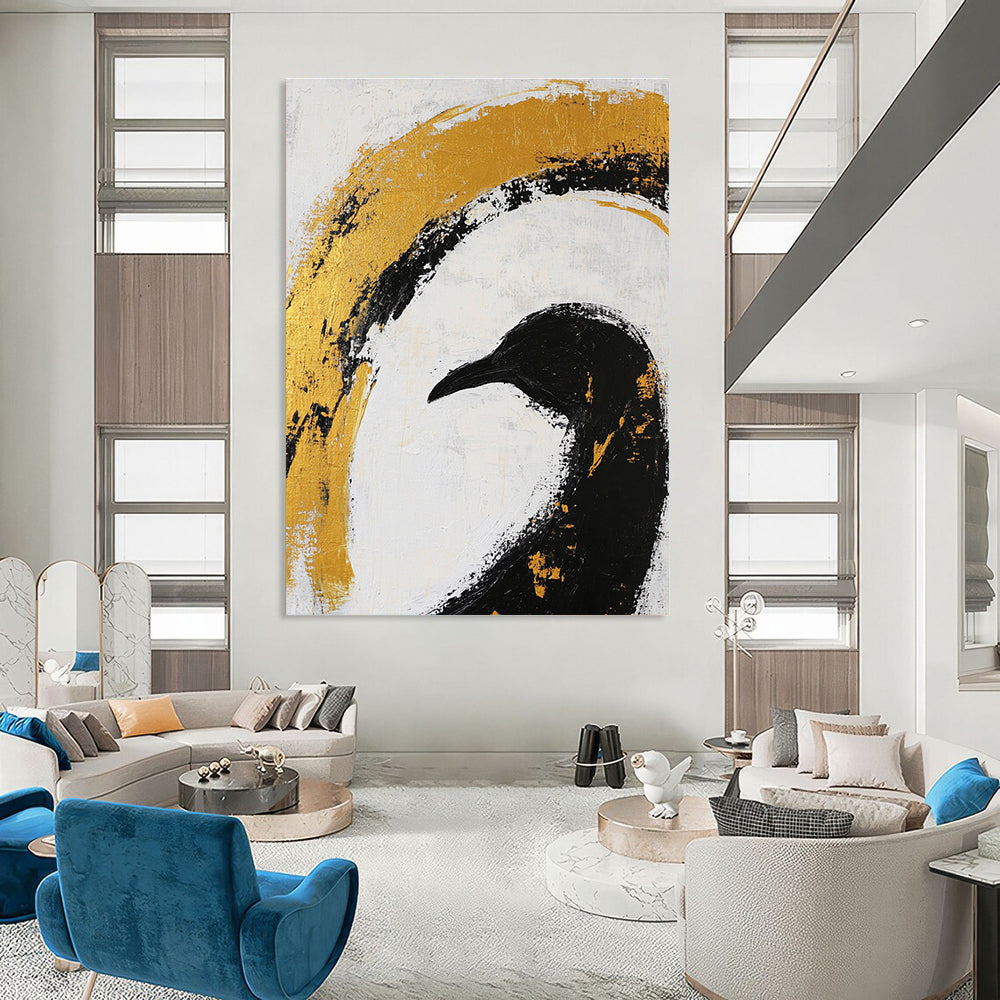 Black Bird Gold Arc Art - Symbolic Minimalist Abstract Painting GAB0438