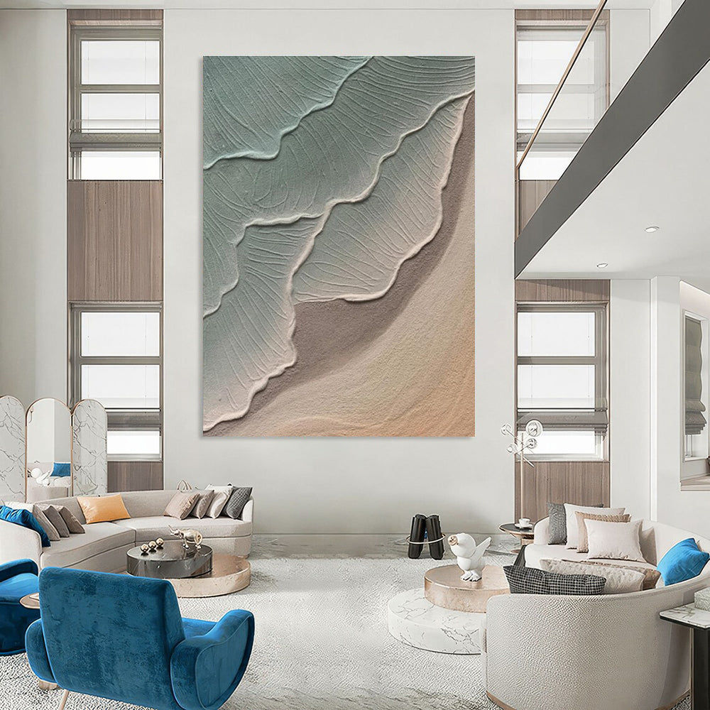 Textured Green and Beige Leaf - Like Abstract Painting for Contemporary Home Offices HENG519