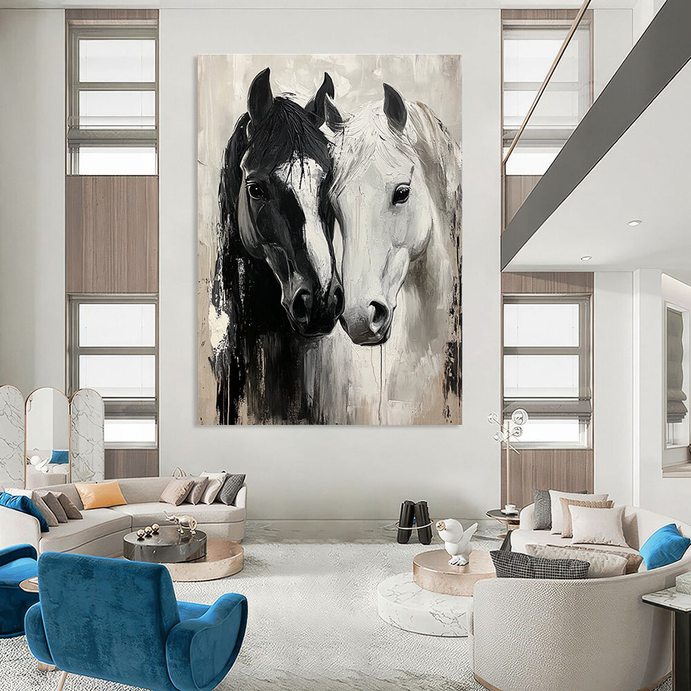 Two Horses in Black and White Dynamic Abstract Painting for Energetic Interiors GAB1433