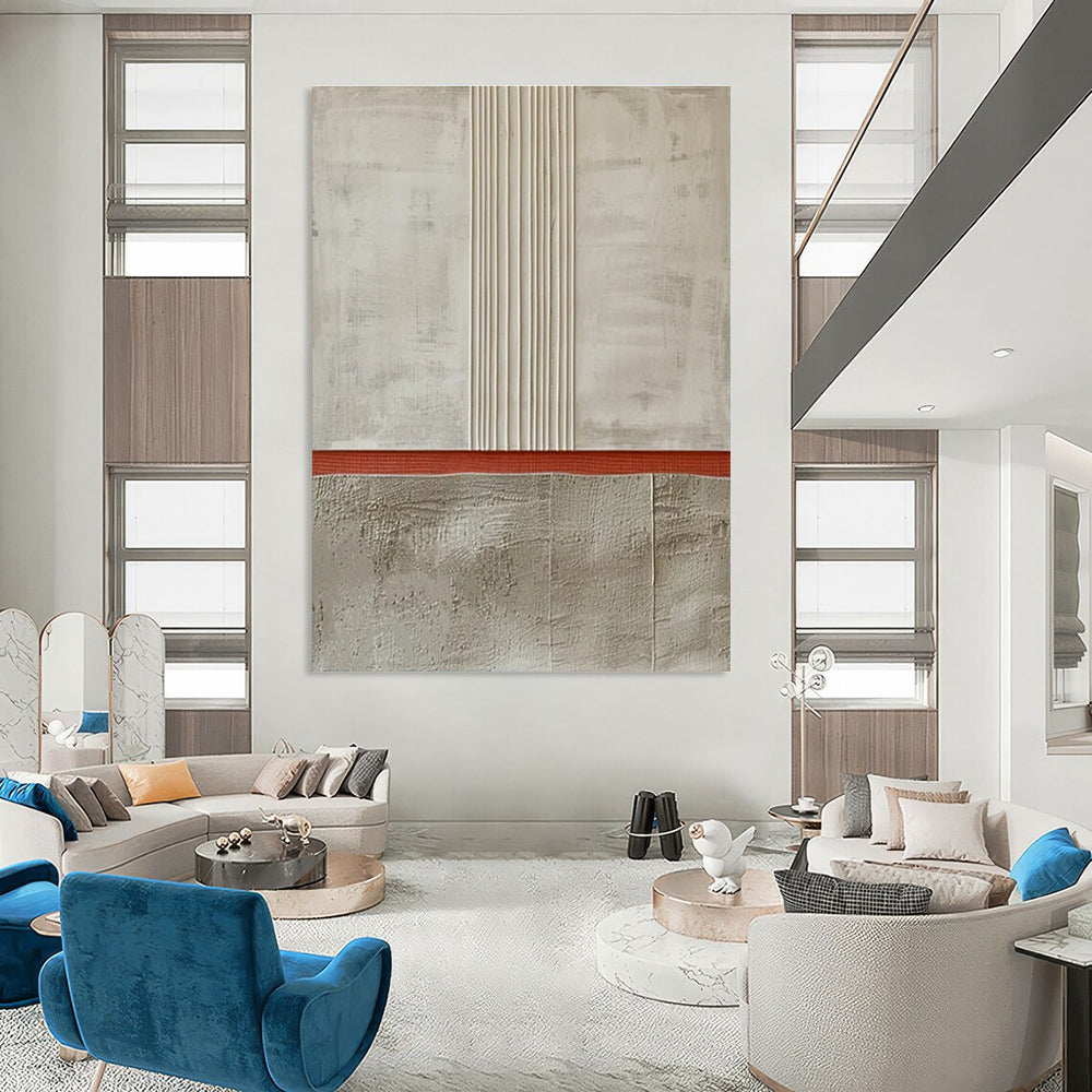 Neutral Tones with Red Stripe Abstract Painting for Industrial - Chic Cafes HENG026