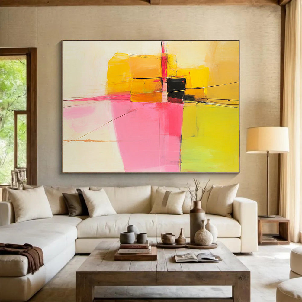 Yellow Pink Geometric Abstract Painting with Bold Contrasts WINK692