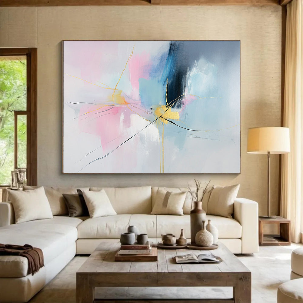 Pink, Blue, and Gold Abstract Painting with Dynamic Thread - like Forms ABS441