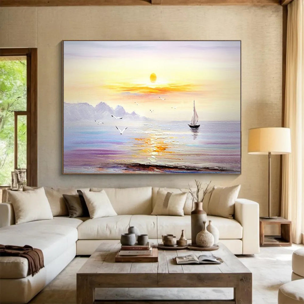 Serene Seaside Sunset Painting for Coastal Bedrooms YHT181