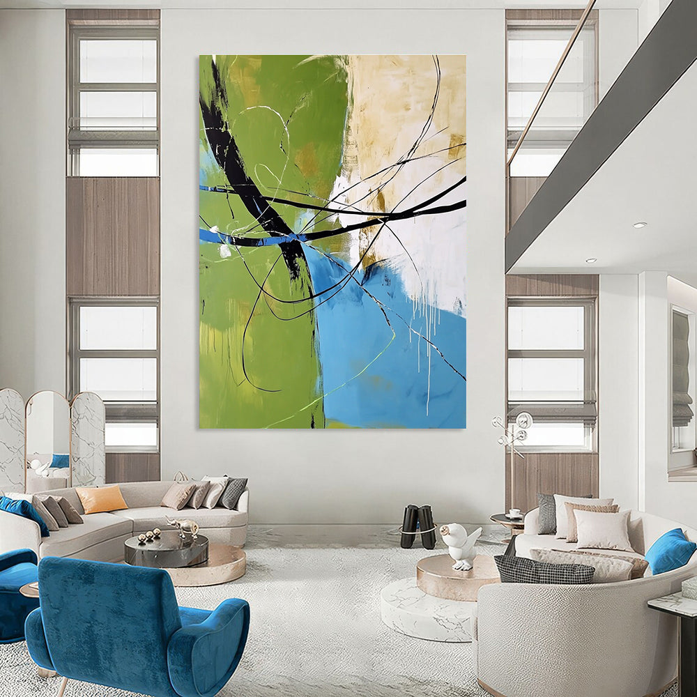Green Blue Line Abstract Painting for Contemporary Art Galleries GAB0779