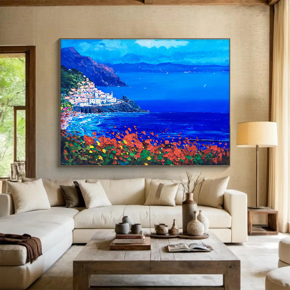 Coastal Town Night Abstract Painting for Mediterranean - Style Bars YHT434