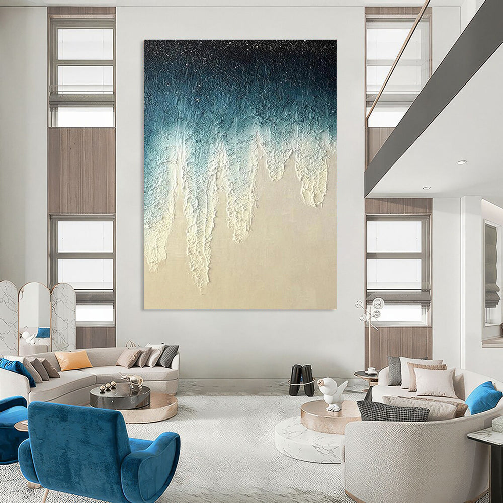 Blue and White Dripping Textured Abstract Painting for Art - Centric Living Rooms HENG343