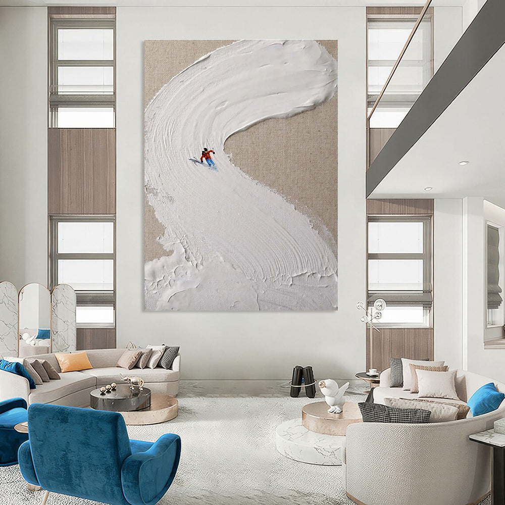 Mini Skier on White Slope Abstract Painting for Winter - Sports Lovers HENG311