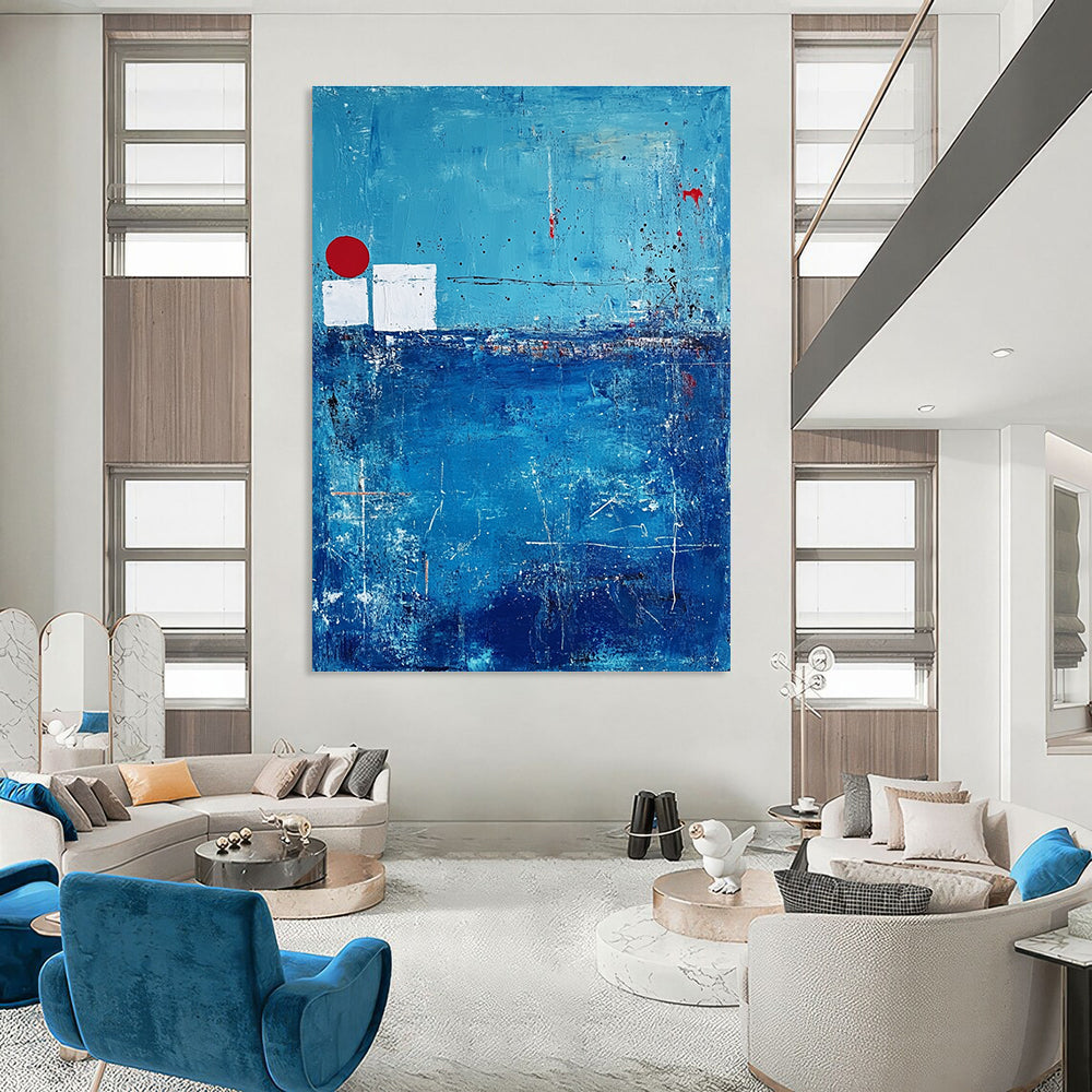 Blue Abstract with Red and White - Minimalist Color Block Abstract Art GAB0475