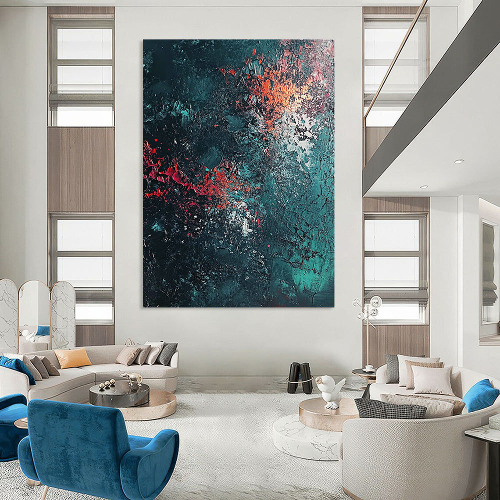 Dark Teal and Red Abstract Painting for Intimate Wine Bars GAB0857