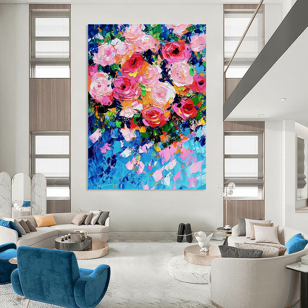 Bold Pink Rose Bouquet Abstract Painting of Passionate Blooms GAB0161
