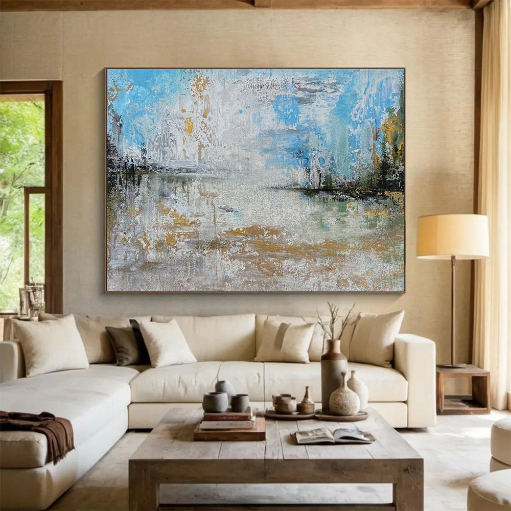 Light Blue and Gold Abstract Lake Painting for Lakeside Vacation Homes YHT348