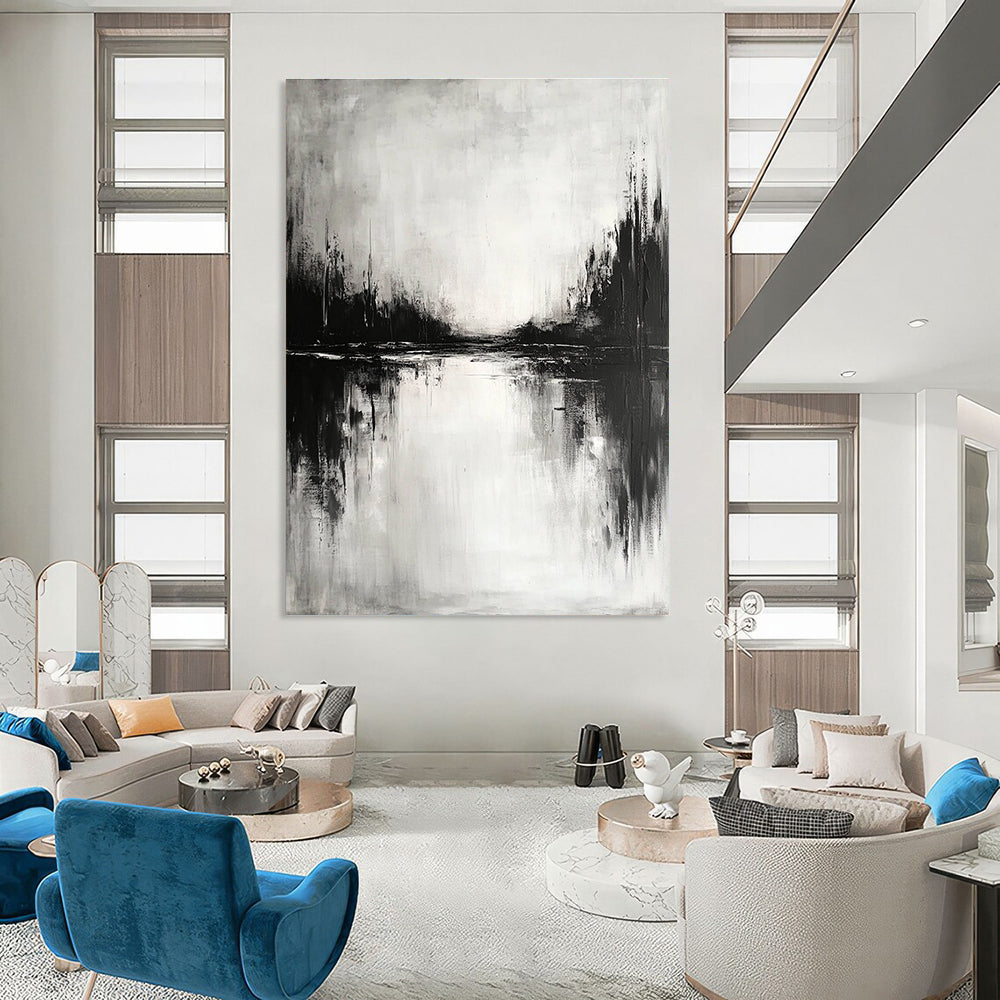 Black and White Lake Landscape - Moody Atmospheric Abstract Painting GAB0450
