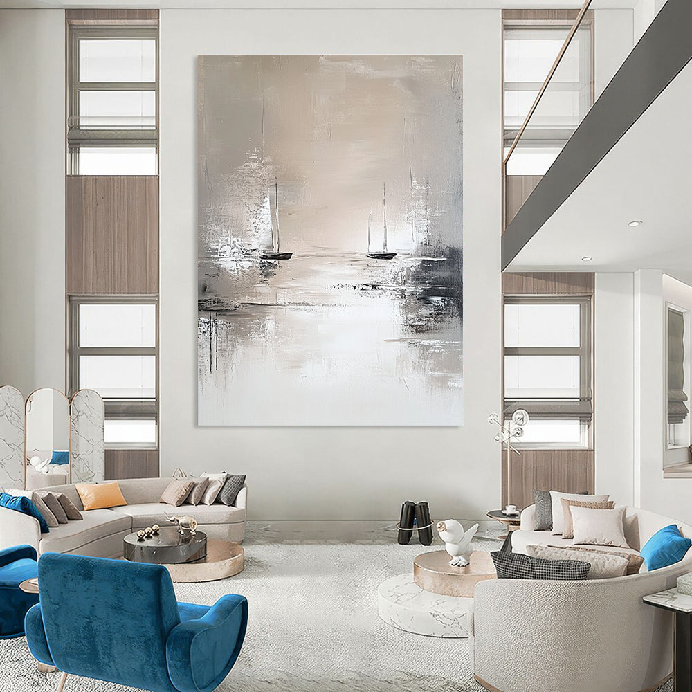 Serene Monochrome Sailboats Abstract Painting for Calm Spaces GAB0671