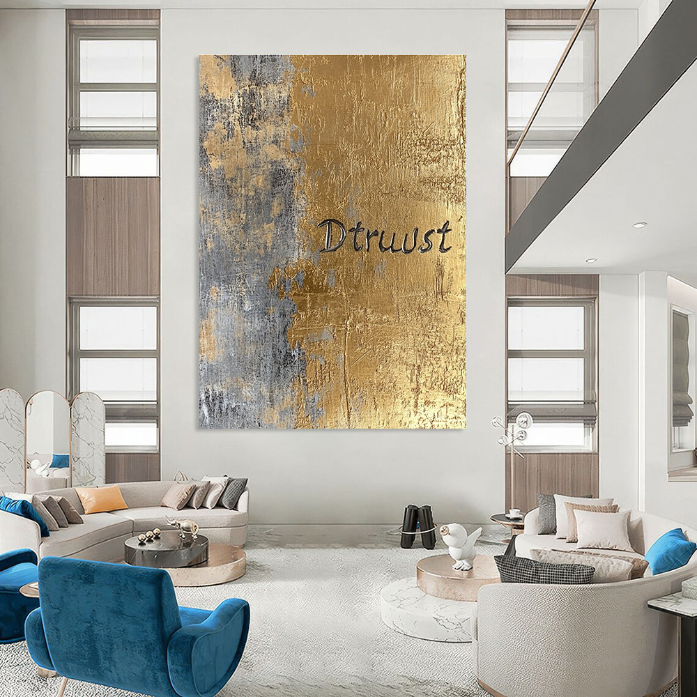 Gold and Gray “Dtruust” Abstract Painting of Inspirational Text GAB0136