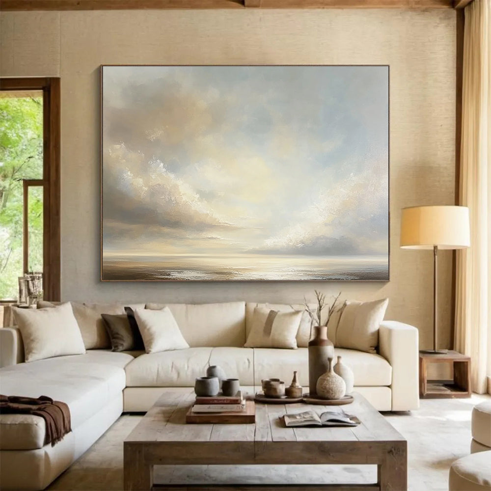 Light - Hued Sky and Sea: Tranquil Coastal Atmosphere Captured Abstract Painting ABS151
