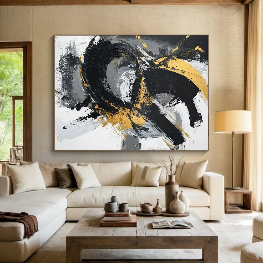Gold - Black Abstract Swirl Painting with Elegant Movement WINK367