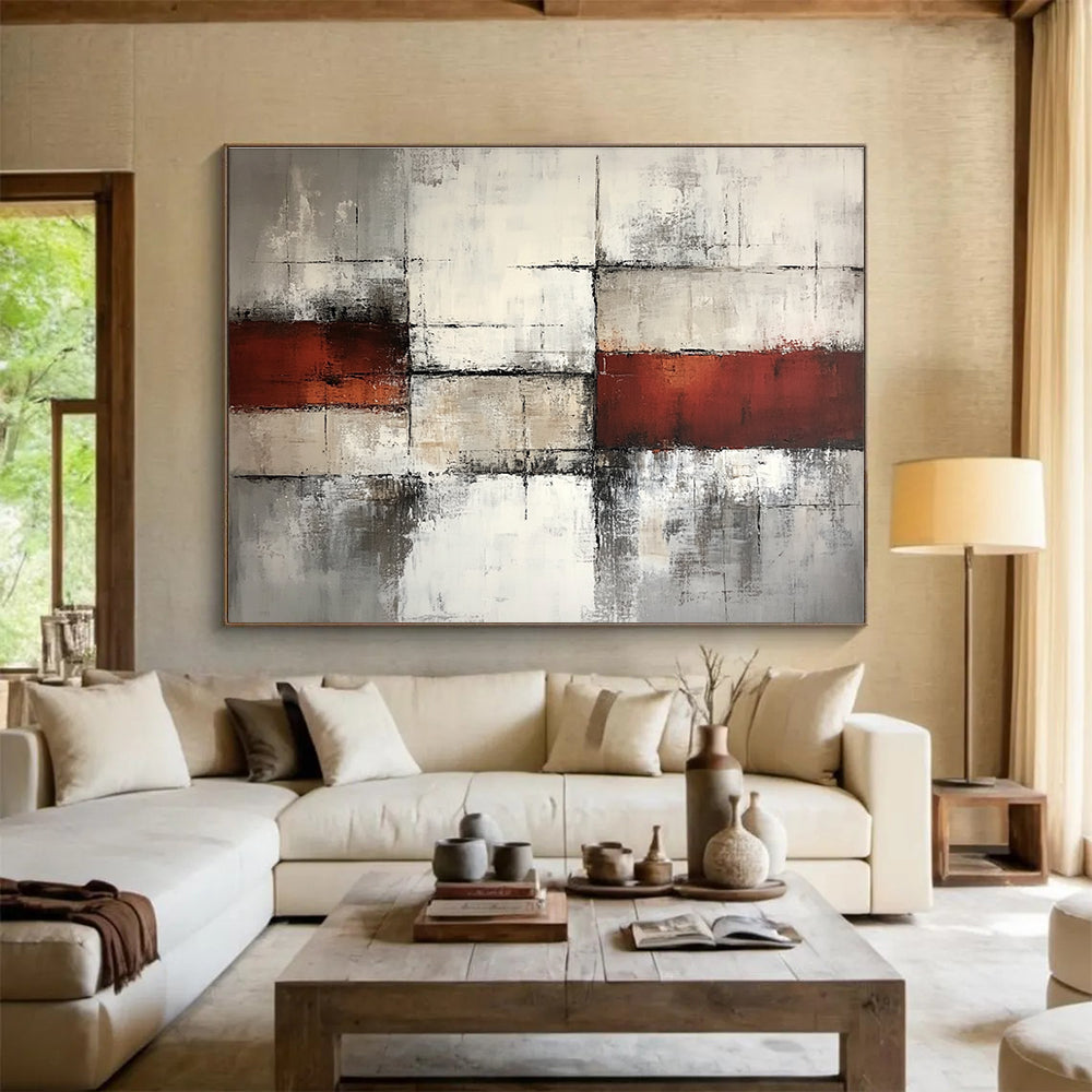 Gray, White, and Red Abstract Painting ABS589