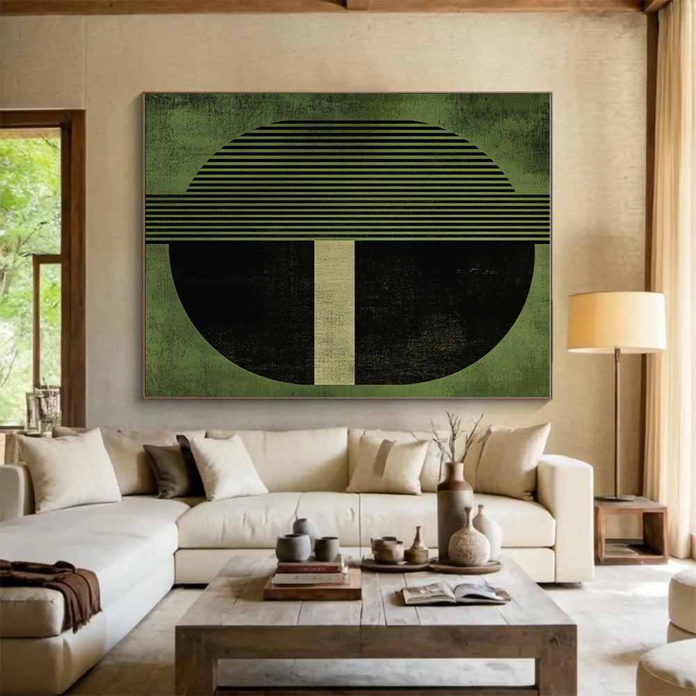 Geometric Green and Black Abstract Painting with Structured Elegance WINK151
