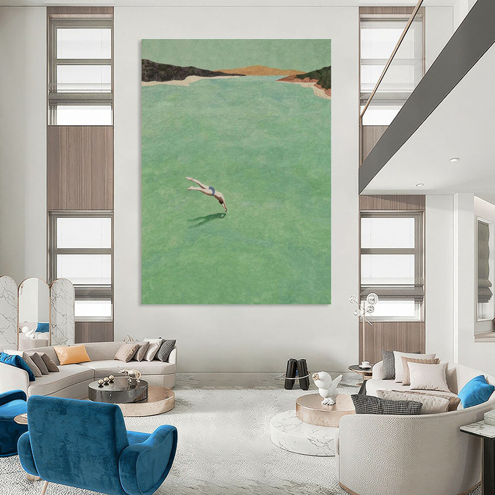 Diver in Green Water Figurative Painting for Nature - Inspired Spaces HENG304
